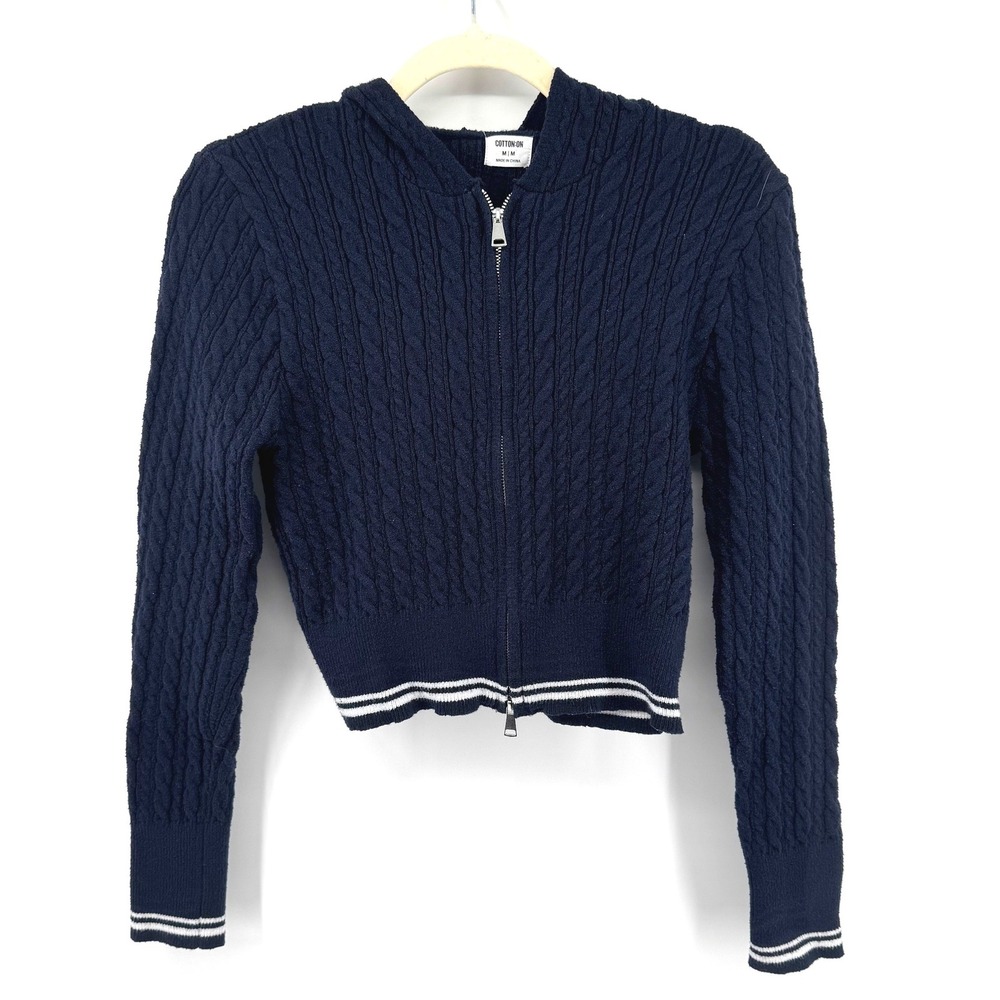 Cotton On Hoodie Women M Navy Blue Cable Knit Zip Up Preppy Sweater Coquette Top